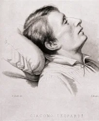 Il poeta italiano Giacomo Leopardi (1798-1837) sul letto di morte. Incisione del XIX secolo