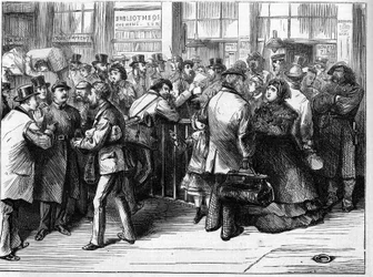 La Comune di Parigi nel 1871. Verifica del passaporto da parte dei federati (comunardi) delle persone che lasciano Parigi tramite le ferrovie del nord.