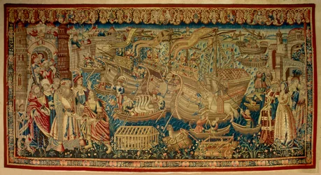 Il navigatore portoghese Vasco de Gama (1459-1524) arrivò a Calicut (Kozhikode) in India nel 1498. Arazzo. Lisbona