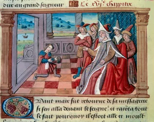 Il navigatore veneziano Marco Polo (1254-1324) davanti al grande Qubilai (Kubilai Khan, primo imperatore della dinastia mongola Yuan (1215-1294). Miniatura tratta da "Il Milione" di Marco Polo