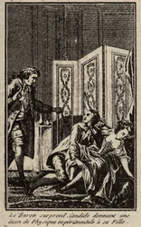 Il barone sorprende Candido mentre dà una lezione di fisica sperimentale a sua figlia. Frontespizio per "Candido" di Francois Marie Arouet detto Voltaire