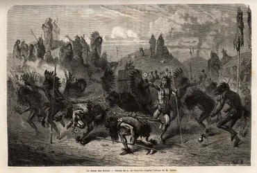 La danza del bisonte eseguita dai guerrieri degli indiani Mandans (o noumah ka kie: fagiani) sulla riva sinistra del Missouri. Incisione per illustrare un