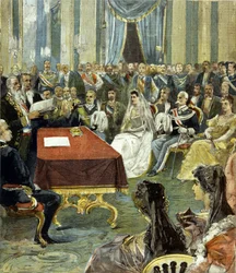 Il matrimonio civile del principe di Napoli - divenuto Vittorio Emanuele III (Victor Emmanuel) (Vittorio Emanuele) - con la principessa Elena del Montenegro al Palazzo del Quirinale nel 1896. Al centro si vede Umberto I (Umberto) a sinistra della sposa.