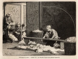 La pulizia del cotone, in un laboratorio nel quartiere settentrionale di Yedo (o Edo, l