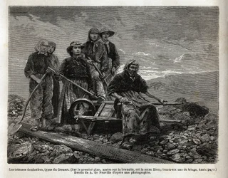 I selezionatori di carbone, tipo di Creusot; in primo piano, seduta sulla carriola, la più anziana dei selezionatori, la madre Dion, 36 anni di selezione. Incisione per illustrare un viaggio a Creusot e alle miniere di Saone e Loira, nel 1865, di L. Simoni