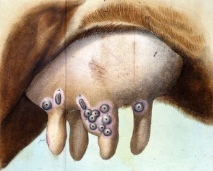 La mammella della mucca utilizzata da Luigi Sacco (1769-1836) per inoculare il vaccino contro il vaiolo nel gennaio 1801. Tavola medica dal «Trattato di vaccinazione» di Luigi Sacco, Milano.
