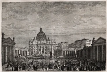La folla si è precipitata in Piazza San Pietro in Vaticano per ricevere la grande benedizione di Pasqua da Papa Pio IX (1792-1878). Incisione per illustrare la storia della Settimana Santa a Roma, nel 1863, di Ludovic Celler, in 