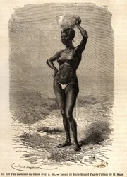 La figlia di un marabutto di Oualet (Mauritania), con una ciotola sulla testa per fare il sapone nero. Incisione a illustrazione del viaggio nel Sudan occidentale del tenente di marina M. Mage, 1863-1866, pubblicata in „Le Tour du monde, nouveau journal