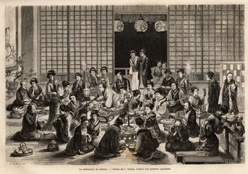 La sala da pranzo del teatro di Yokohama è permanentemente piena, anche durante la rappresentazione. Incisione per illustrare il viaggio in Giappone, di Aime Humbert, ministro della Confederazione Svizzera, nel 1863-1864, pubblicato in 
