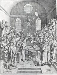 La dissezione. Gruppo di medici e scienziati riuniti per seguire una dissezione in un anfiteatro. Incisione del 1788