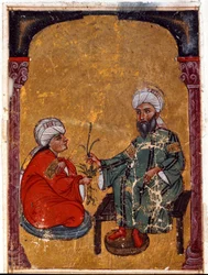 Il medico e botanico Pedanio Dioscoride (40-90 d.C.) spiega a uno dei suoi studenti le virtù delle piante Miniatura tratta dal suo trattato “De materia medica” (Fol. 2 verso) Iraq, 1229 Biblioteca del Museo Topkapi Sarayi, Istanbul