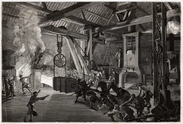 Il martello del tamburino (tamburino) ha la forgia dei grandi lavori; il pezzo enorme da forgiare esce dal forno abbagliante, gli uomini manovrano per portarlo sotto il bastone. Incisione per illustrare un viaggio al Creusot e alle miniere di Saone e Loira