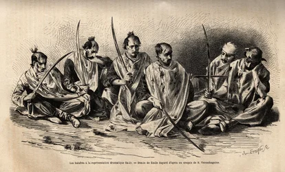 I fanatici musulmani si sfregiano durante la rappresentazione drammatica che si svolge dopo la festa del martirio di Hossein, ciascuno di loro è coperto da un lenzuolo bianco, per raccogliere il sangue che scorre dalle ferite che si sono inflitti battendos