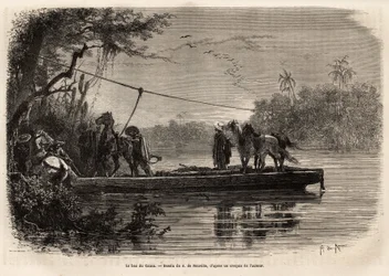 Il traghetto per attraversare il fiume Cauca. Incisione per illustrare il viaggio nella Nuova Granada, del Dr. Saffray, nel 1869, pubblicato in "Le tour du monde" 1873, a cura di Edouard Charton, edizione Hachette, Parigi. Collezione Selva