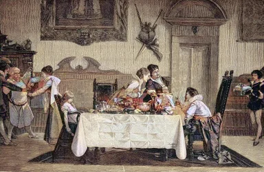 Il primogenito maschio, la levatrice mostra il neonato agli altri membri della famiglia