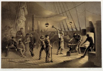 La forgia sul ponte. Notte del 9 agosto preparando la placcatura in ferro per il cabestano - in "The Atlantic telegraph" di W. H. Russel, ca. 1860