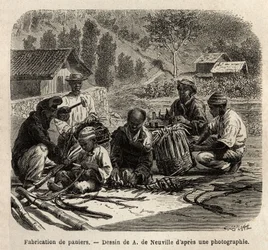 La fabbricazione di cesti di foglie di palma, per la raccolta del caffè. Incisione per illustrare il viaggio in Brasile, racconto di M. e Mme Agassiz, nel 1865-1866, pubblicato in 