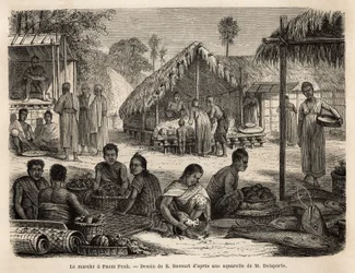 Il mercato di Phnom Penh, dove i negozianti malesi e i commercianti cinesi offrono una vasta gamma di prodotti di consumo e di produzione. Incisione per illustrare il viaggio di esplorazione in Indocina, di Francis Garnier, tenente di vascello, nel 1866-18