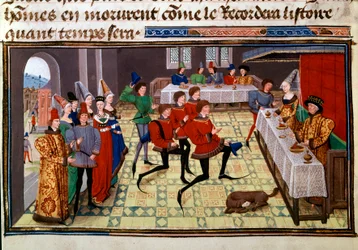 Il banchetto di nozze al matrimonio di Clarisse, figlia del re Yvon di Guascogna e Renaud. Miniatura dal manoscritto "Renaud de Montauban" o "Les quatre fils Aymon" di Loyset Liedet