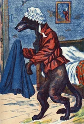 Il lupo indossa i vestiti della nonna. Illustrazione anonima per "Cappuccetto Rosso", racconto di Charles Perrault (1628-1703), scrittore francese. Immagini Marcel Vagne, Jarville Nancy, senza data (fine XIX secolo)