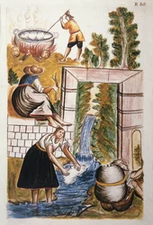 Il lavoro della lana, dal libro "Trujillo del Peru" o "Codice Martínez Compañón", di Baltazar Martinez Compañón y Bujanda, vescovo di Trujillo (1782-1785)