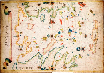 Questo tipo di carta nautica in pergamena è originata nel Mediterraneo nel XIII secolo., c.1610