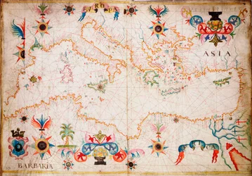 Questo tipo di carta nautica in pergamena è originata nel Mediterraneo nel XIII secolo., c.1610