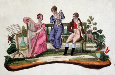 Tre persone che suonano strumenti musicali in un giardino: arpa, lira, viola. Incisione del XVIII secolo.