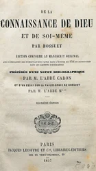 Pagina del titolo di "La conoscenza di Dio e di se stessi" del teologo e vescovo francese Jacques-Benigne Bossuet (1627-1704). 1857.