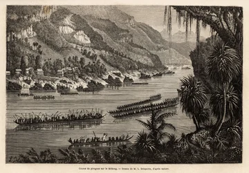 Gara tradizionale di canoe sul fiume Mekong, organizzata ogni anno alla fine della stagione delle piogge, come una prestigiosa competizione tra i villaggi di pescatori e agricoltori vicini al fiume. Incisione per illustrare il viaggio di esplorazione in In