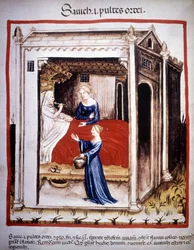 Trattato di medicina "Tacuinum sanitatis" XIV secolo: un paziente assistito da infermieri. B.N, Vienna