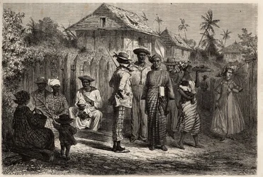 Tipi di indigeni di Cayenne (Guyana francese), donne vestite con abiti annodati di madras e turbanti colorati, gli uomini adottarono il costume occidentale. Incisione per illustrare il viaggio in Guyana francese nel 1862-1863, di Frédéric Bouyer
