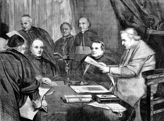Concilio Vaticano I. Papa Pio IX circondato dai membri del Consiglio Direttivo del Concilio. 1869