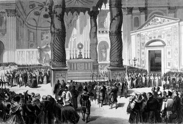 Concilio Vaticano I. Roma. I prelati attraversano la Basilica di San Pietro verso la Sala del Concilio. 1870