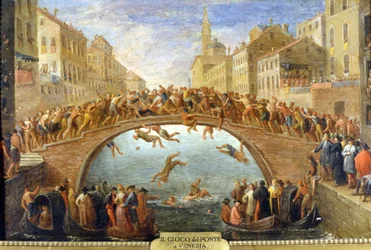 Venezia, il gioco del ponte. Dipinto anonimo. XVIII secolo. Collezione privata.