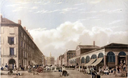 Veduta di New York: Mercato a Fulton Street. Litografia SD intorno alla metà del 19° secolo.