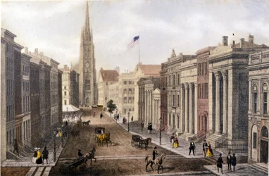 Vista di New York: vista di Wall Street da William Street. Litografia intorno alla metà del XIX secolo