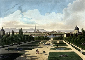 Veduta del Belvedere di Vienna, palazzo barocco austriaco costruito da Eugenio di Savoia. Litografia del XIX secolo