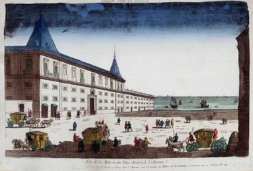 Veduta della casa del Duca di Aveiro a Lisbona, Portogallo. Incisione del XVIII secolo