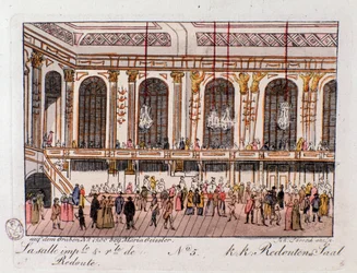 Veduta della Sala Imperiale e Reale della Redoute a Vienna, Austria. Incisione del 1815 Collezione privata