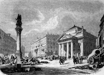 Vista della Place de la Bourse a Trieste (durante il periodo austriaco), incisione del XIX secolo