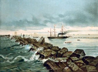 Vista del Canale di Suez inaugurato il 17/09/1869. Cromolitografia del XIX secolo