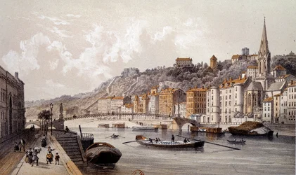Veduta della città di Lione dal Quai Tilsitt. Incisione del XIX secolo