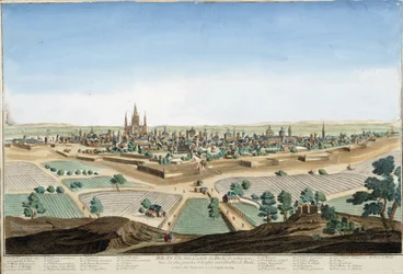 Veduta della città di Milano, Italia con la cattedrale e le fortificazioni. Incisione del XVIII secolo