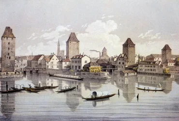 Veduta della città di Strasburgo sul Reno. Incisione del XIX secolo