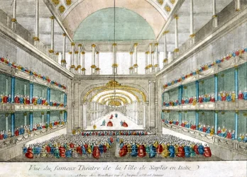 Veduta del famoso Teatro della Città di Napoli in Italia. Incisione della fine del XVIII secolo
