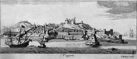 Veduta della città fortificata di Tangeri e della costa, Marocco. Incisione del XVIII secolo