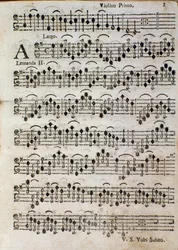 Violino. Pagina di spartito per Balletto a 3, op. 3 di Tomaso Albinoni