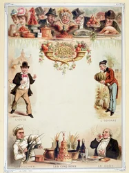 Menu vergine, illustra i cinque sensi - cromolitografia, fine XIX secolo