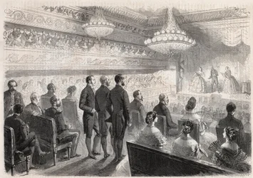 Visita di Guglielmo I di Prussia (1797-1888) a Compiegne: spettacolo di gala al teatro del palazzo alla presenza di Napoleone III (1808-1873) - Incisione in "The Illustrous World"